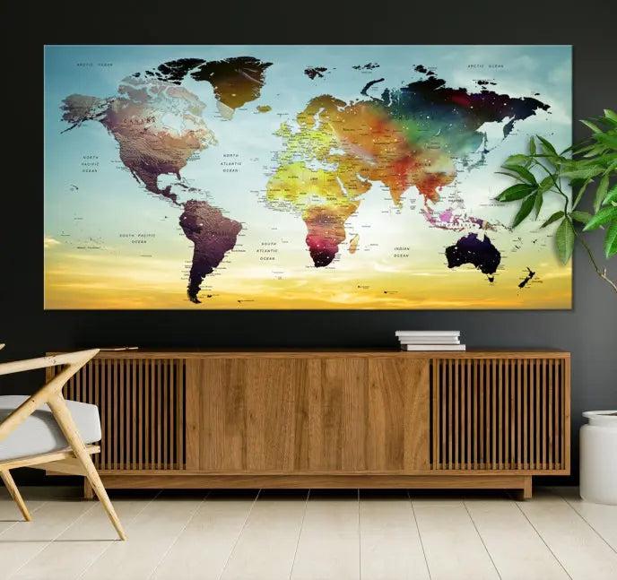 A vivid colored push pin world map with a sky background canvas print elegantly hangs, adding a striking focal point to the room.