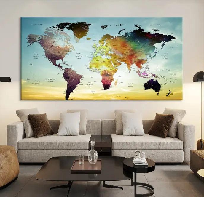 A vivid colored push pin world map with a sky background canvas print elegantly hangs, adding a striking focal point to the room.