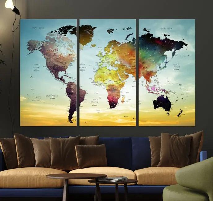 A vivid colored push pin world map with a sky background canvas print elegantly hangs, adding a striking focal point to the room.