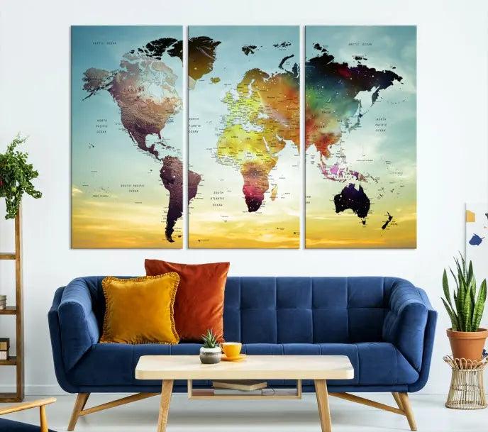 A vivid colored push pin world map with a sky background canvas print elegantly hangs, adding a striking focal point to the room.