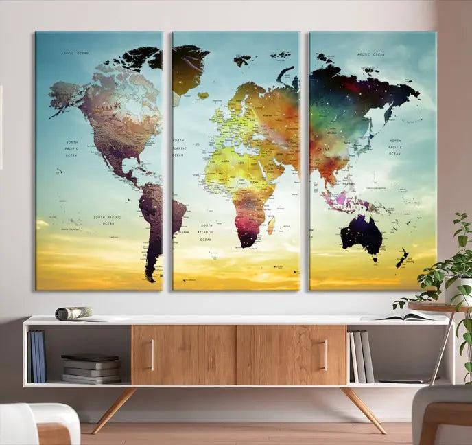 A vivid colored push pin world map with a sky background canvas print elegantly hangs, adding a striking focal point to the room.