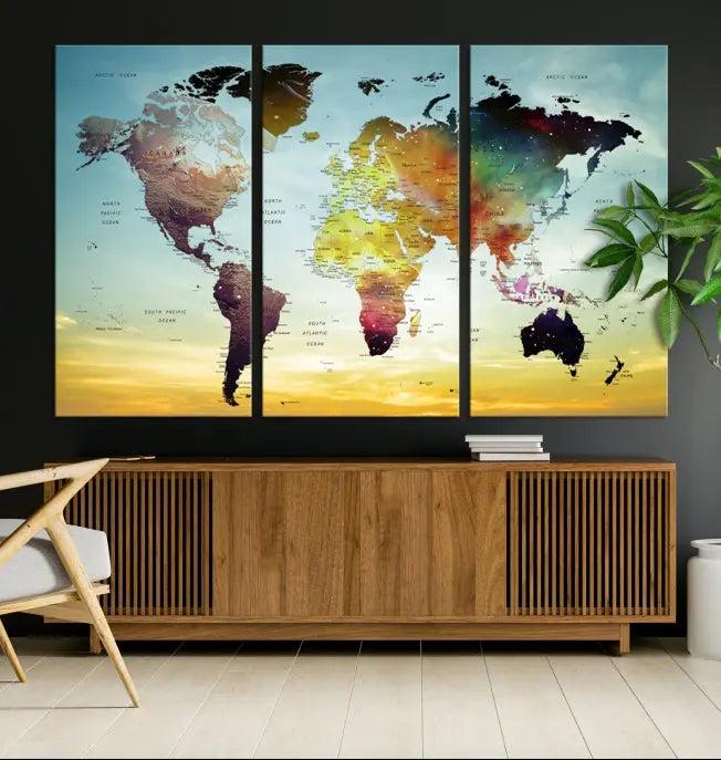 A vivid colored push pin world map with a sky background canvas print elegantly hangs, adding a striking focal point to the room.