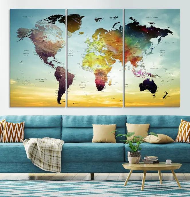 A vivid colored push pin world map with a sky background canvas print elegantly hangs, adding a striking focal point to the room.