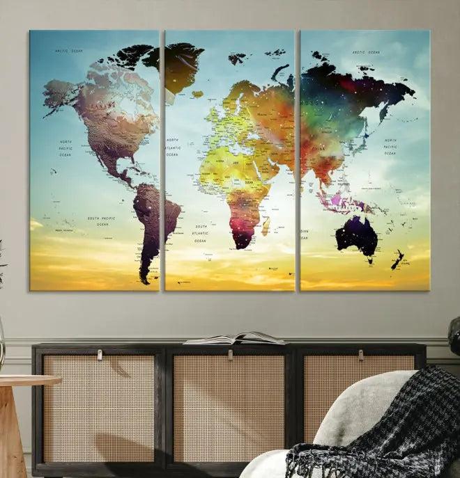 A vivid colored push pin world map with a sky background canvas print elegantly hangs, adding a striking focal point to the room.