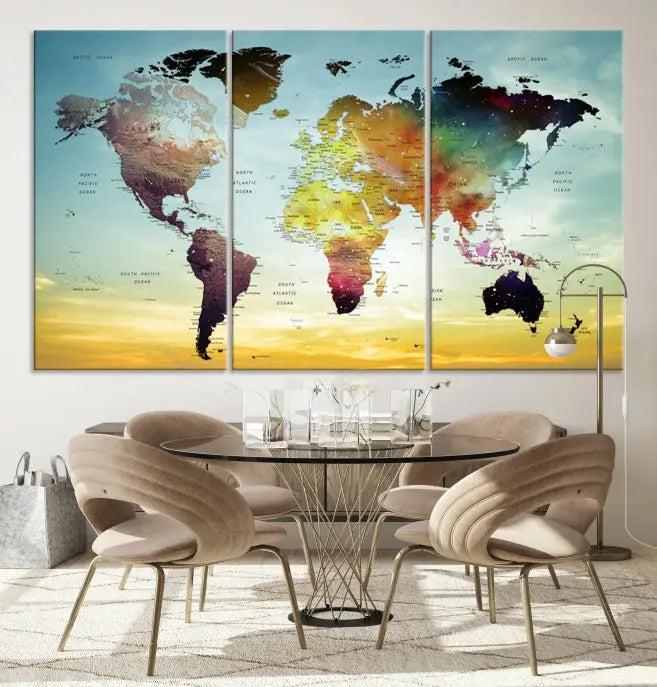 A vivid colored push pin world map with a sky background canvas print elegantly hangs, adding a striking focal point to the room.