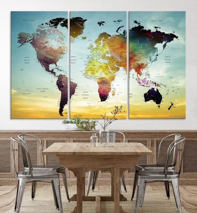 A vivid colored push pin world map with a sky background canvas print elegantly hangs, adding a striking focal point to the room.