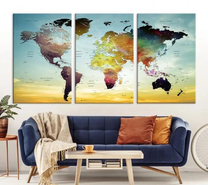 A vivid colored push pin world map with a sky background canvas print elegantly hangs, adding a striking focal point to the room.