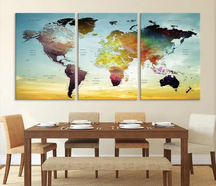 A vivid colored push pin world map with a sky background canvas print elegantly hangs, adding a striking focal point to the room.