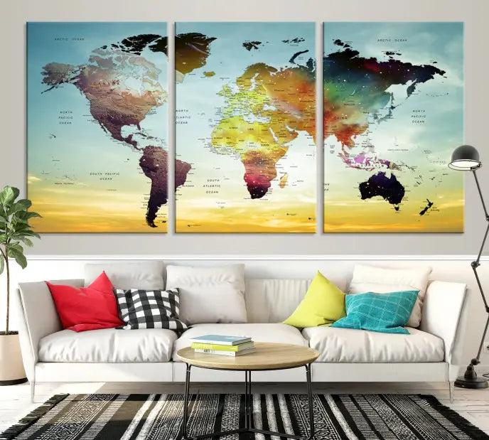 A vivid colored push pin world map with a sky background canvas print elegantly hangs, adding a striking focal point to the room.