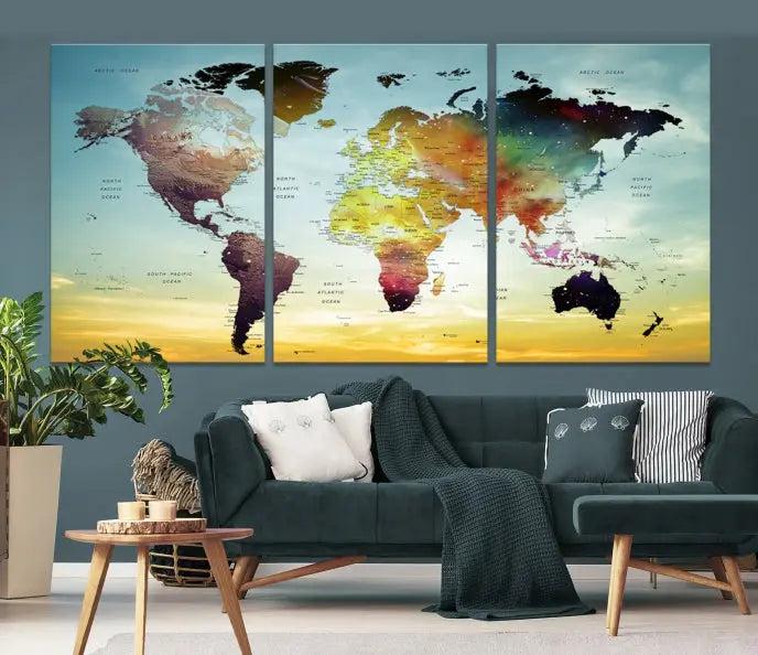 A vivid colored push pin world map with a sky background canvas print elegantly hangs, adding a striking focal point to the room.