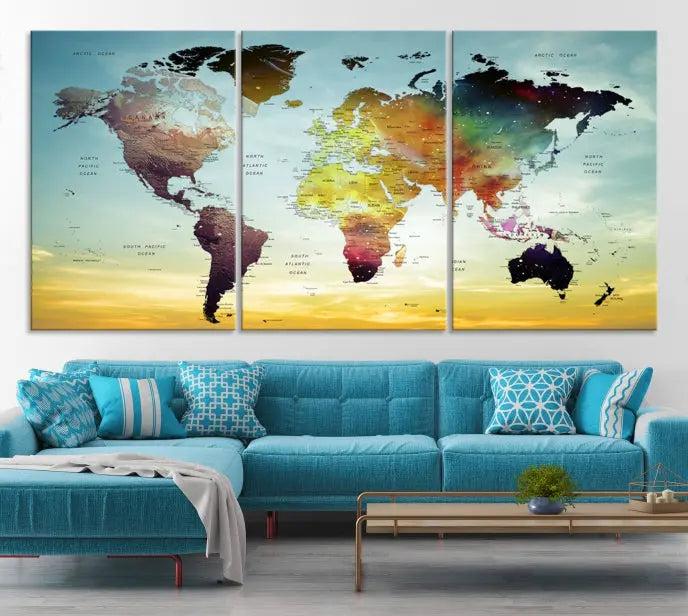 A vivid colored push pin world map with a sky background canvas print elegantly hangs, adding a striking focal point to the room.