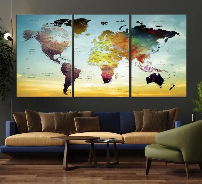 A vivid colored push pin world map with a sky background canvas print elegantly hangs, adding a striking focal point to the room.