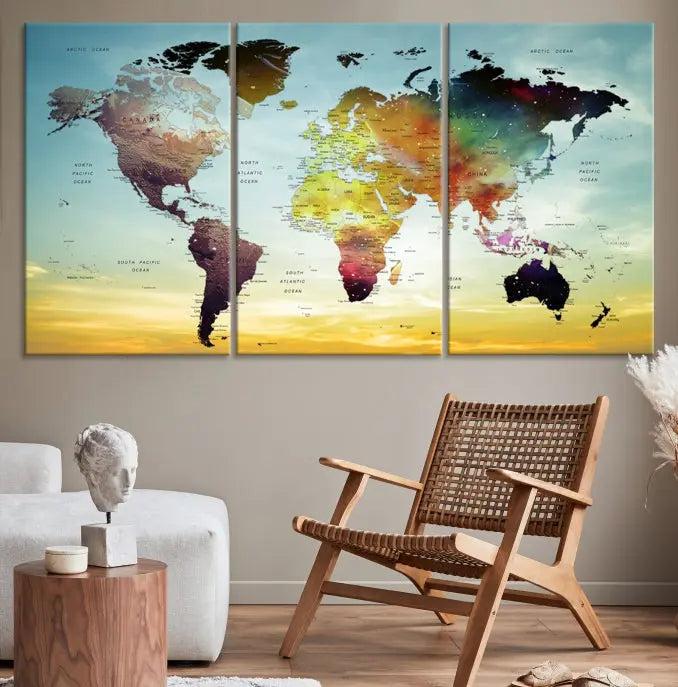 A vivid colored push pin world map with a sky background canvas print elegantly hangs, adding a striking focal point to the room.