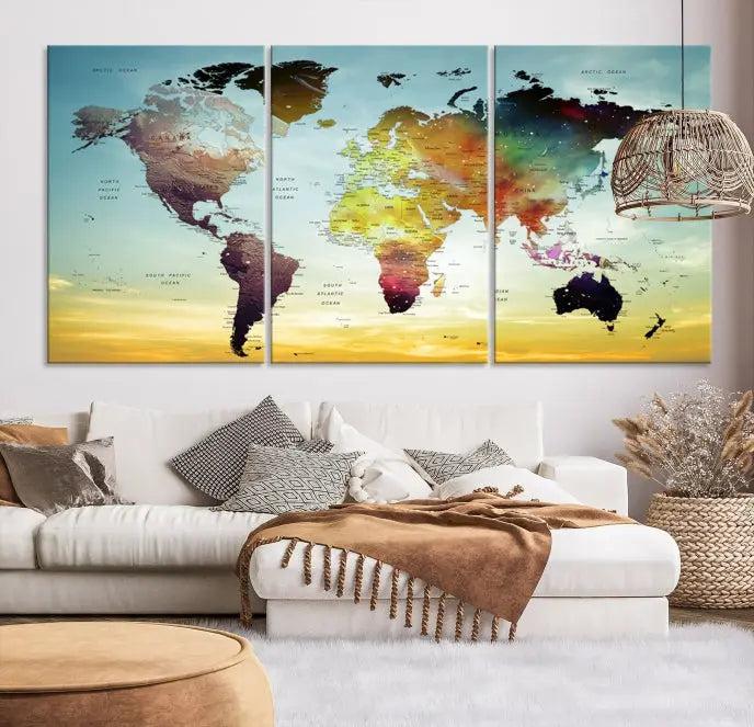 A vivid colored push pin world map with a sky background canvas print elegantly hangs, adding a striking focal point to the room.