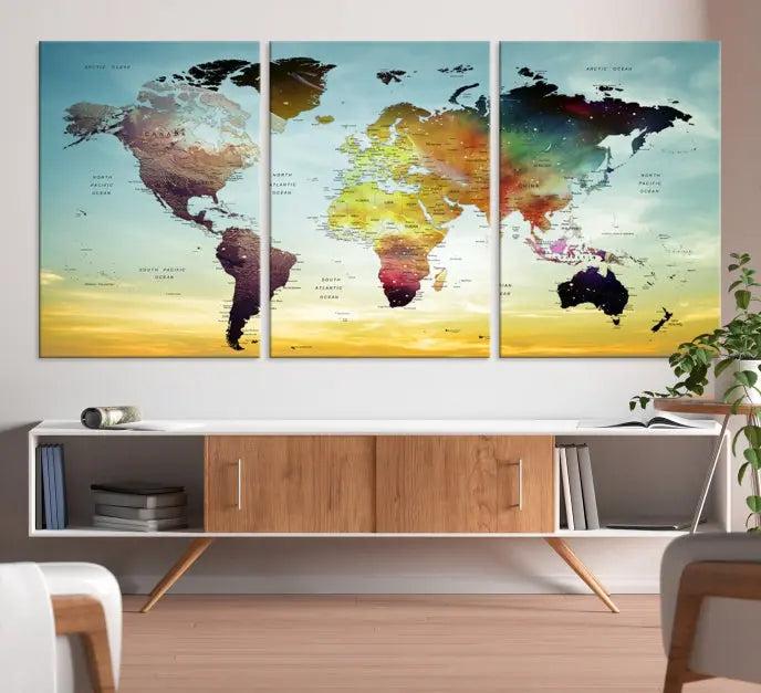 A vivid colored push pin world map with a sky background canvas print elegantly hangs, adding a striking focal point to the room.