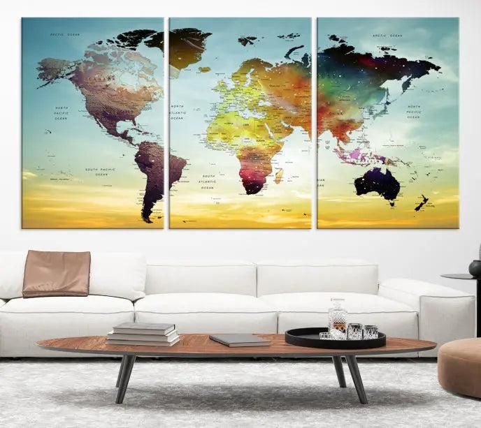 A vivid colored push pin world map with a sky background canvas print elegantly hangs, adding a striking focal point to the room.