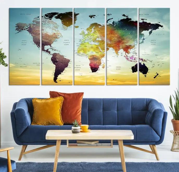 A vivid colored push pin world map with a sky background canvas print elegantly hangs, adding a striking focal point to the room.