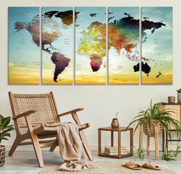 A vivid colored push pin world map with a sky background canvas print elegantly hangs, adding a striking focal point to the room.