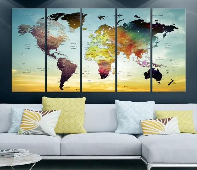 A vivid colored push pin world map with a sky background canvas print elegantly hangs, adding a striking focal point to the room.