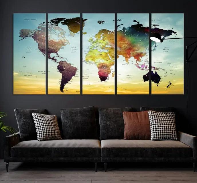 A vivid colored push pin world map with a sky background canvas print elegantly hangs, adding a striking focal point to the room.