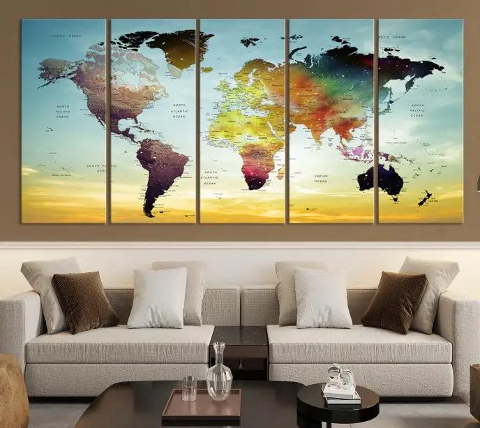 A vivid colored push pin world map with a sky background canvas print elegantly hangs, adding a striking focal point to the room.