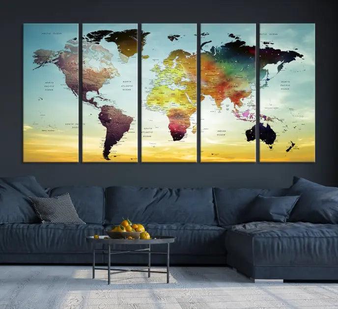 A vivid colored push pin world map with a sky background canvas print elegantly hangs, adding a striking focal point to the room.