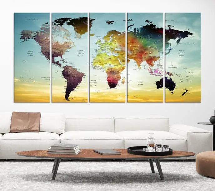 A vivid colored push pin world map with a sky background canvas print elegantly hangs, adding a striking focal point to the room.