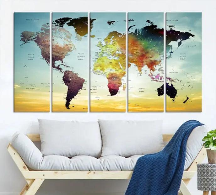 A vivid colored push pin world map with a sky background canvas print elegantly hangs, adding a striking focal point to the room.