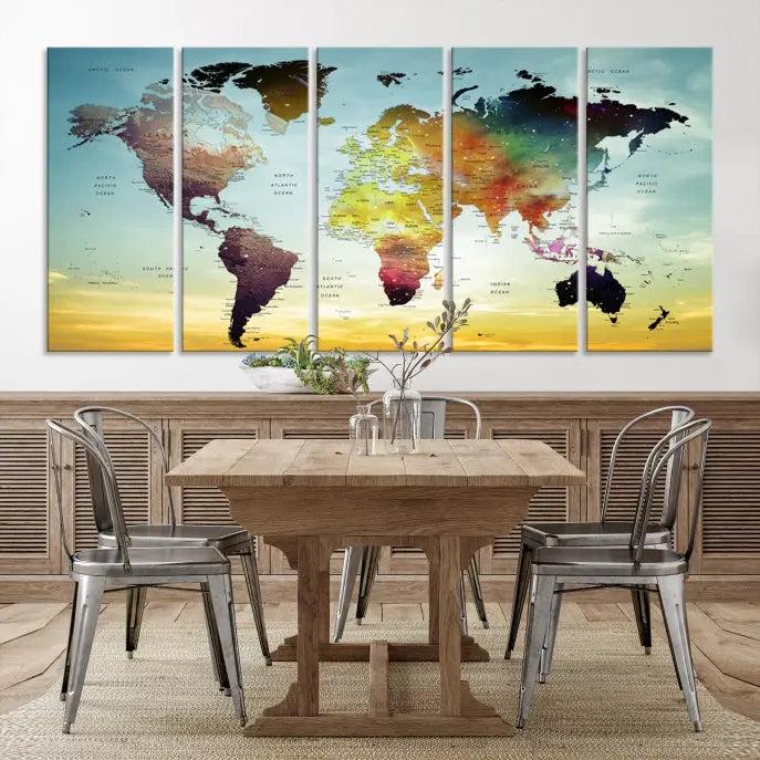 A vivid colored push pin world map with a sky background canvas print elegantly hangs, adding a striking focal point to the room.