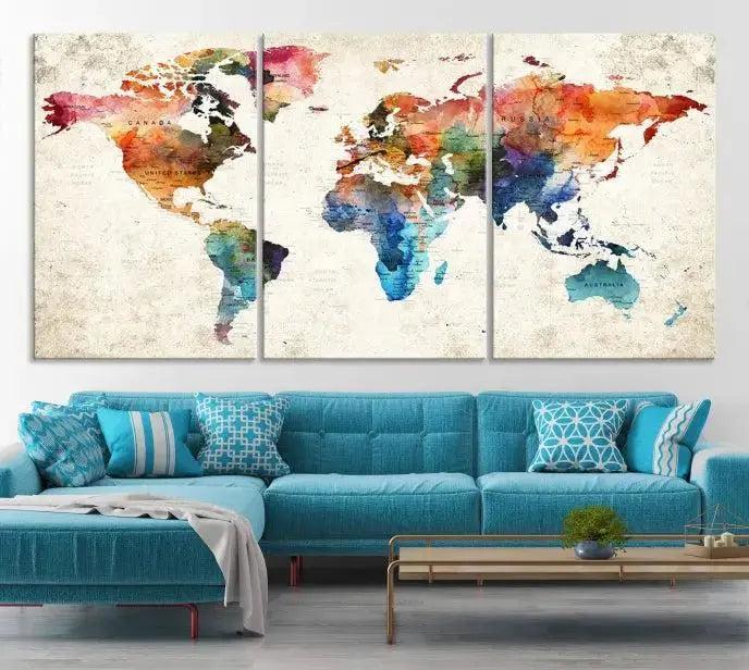 Vivid Colors Push Pin Watercolor World Map, World Map Wall Art