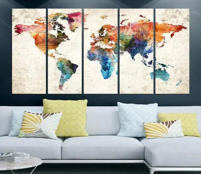 Vivid Colors Push Pin Watercolor World Map, World Map Wall Art