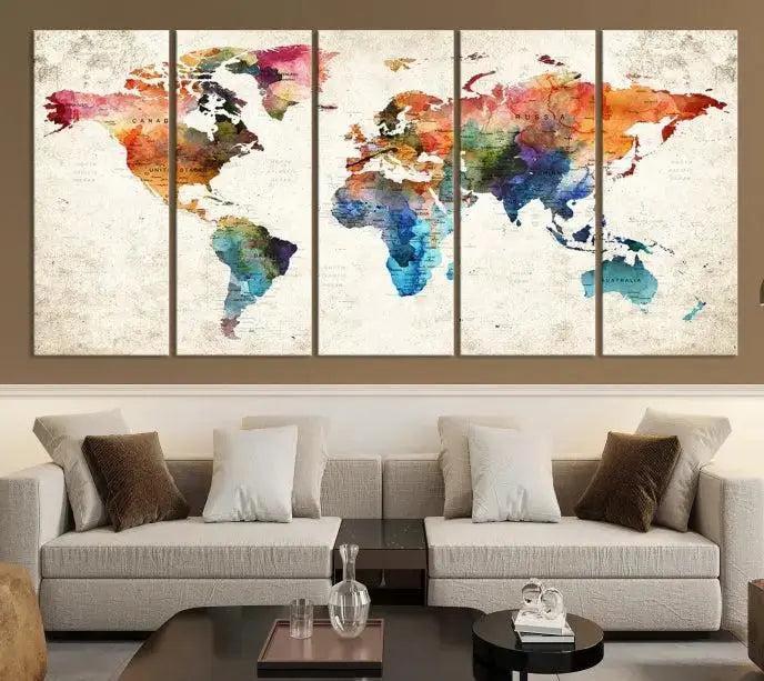 Vivid Colors Push Pin Watercolor World Map, World Map Wall Art
