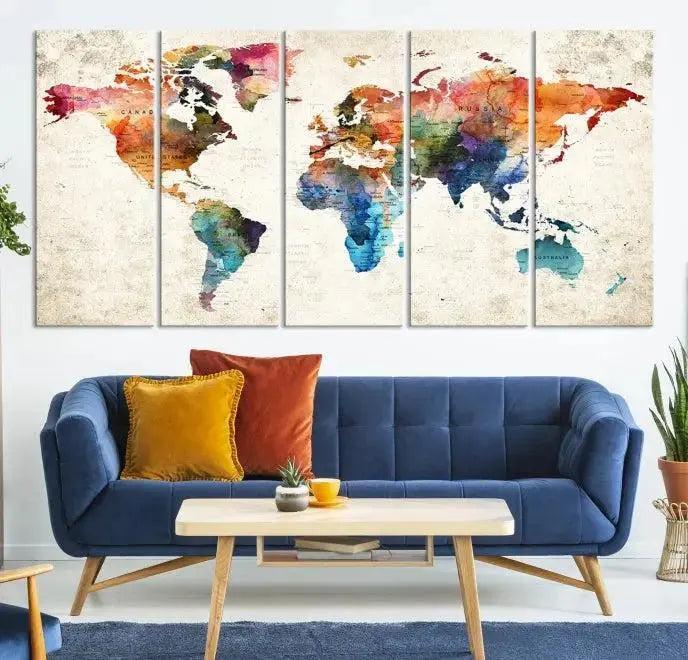 Edit-Images-Vivid Colors Push Pin Watercolor World Map, World Map Wall Art