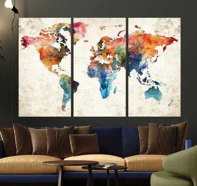 Vivid Colors Push Pin Watercolor World Map, World Map Wall Art