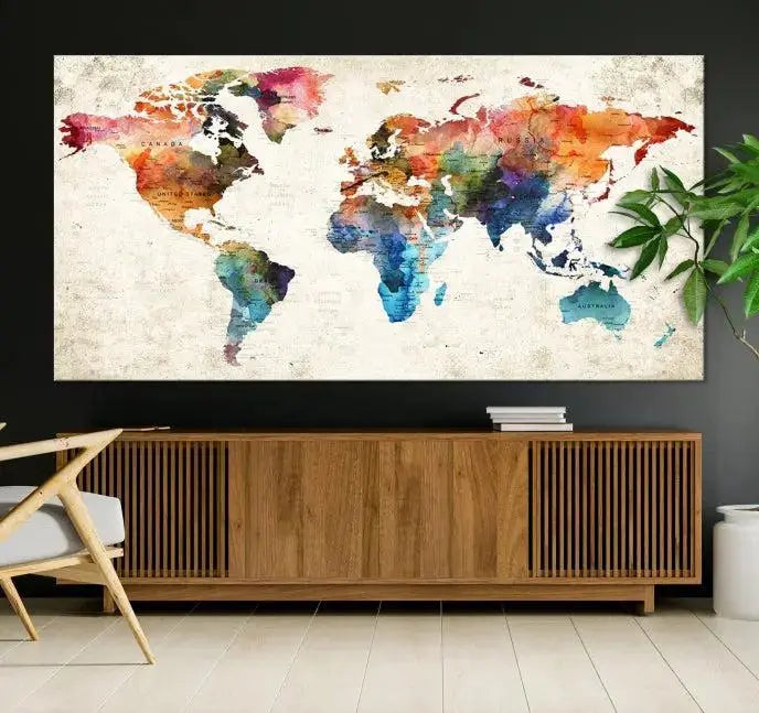Vivid Colors Push Pin Watercolor World Map, World Map Wall Art