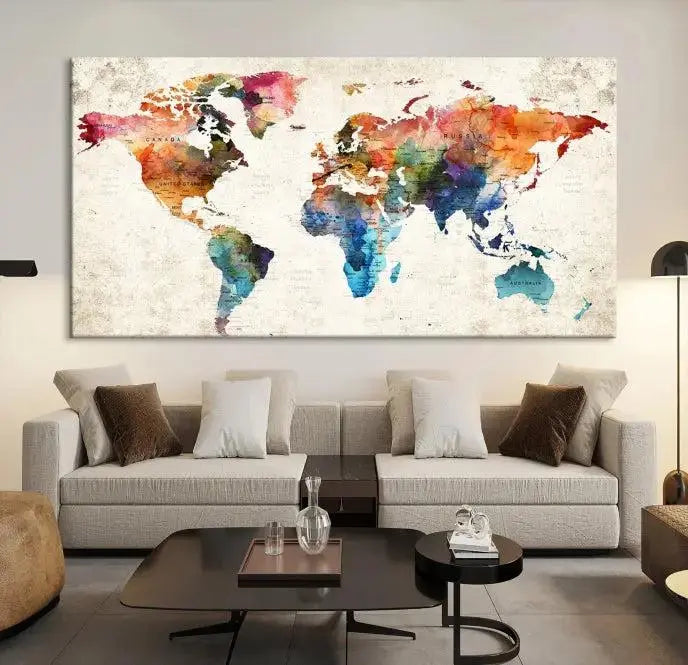Vivid Colors Push Pin Watercolor World Map, World Map Wall Art