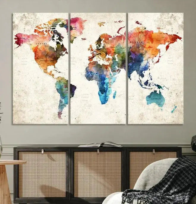 Vivid Colors Push Pin Watercolor World Map, World Map Wall Art