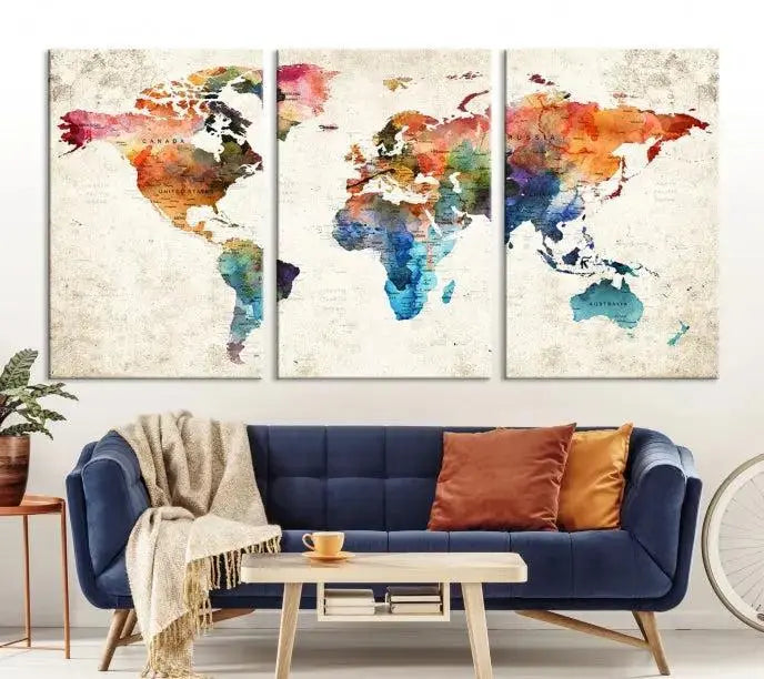 Vivid Colors Push Pin Watercolor World Map, World Map Wall Art