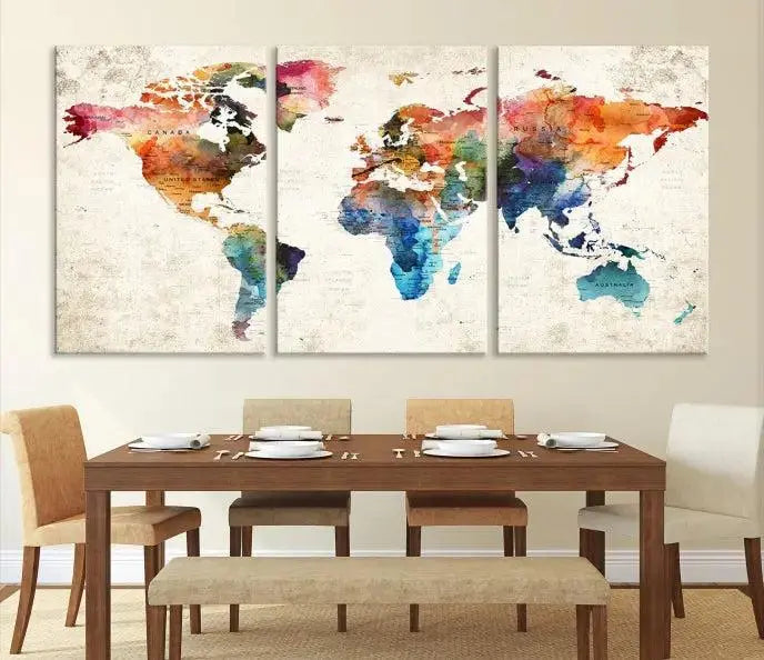Vivid Colors Push Pin Watercolor World Map, World Map Wall Art