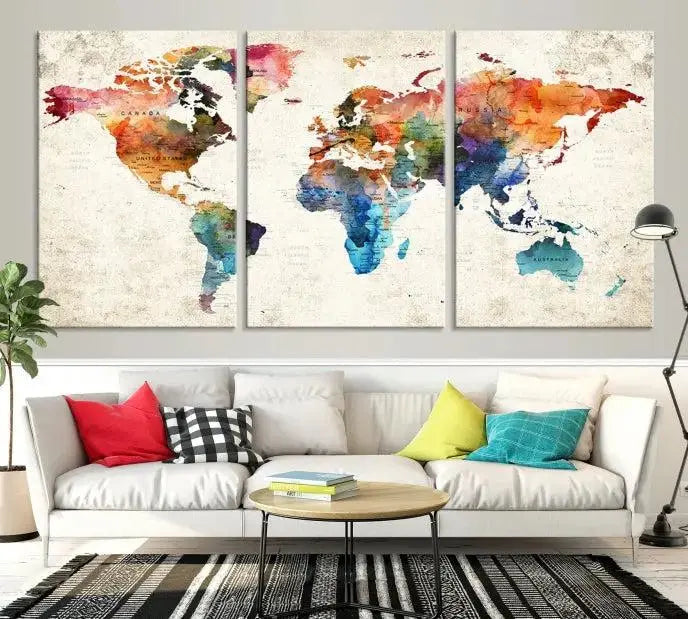 Vivid Colors Push Pin Watercolor World Map, World Map Wall Art