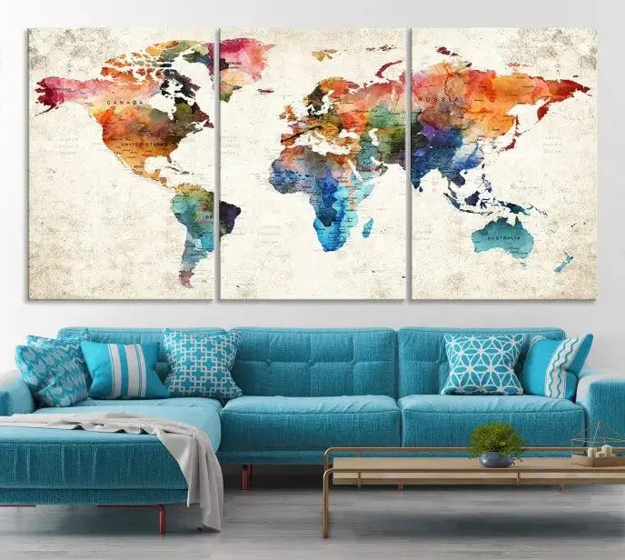 Vivid Colors Push Pin Watercolor World Map, World Map Wall Art