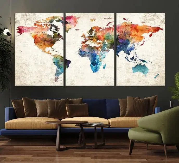 Vivid Colors Push Pin Watercolor World Map, World Map Wall Art
