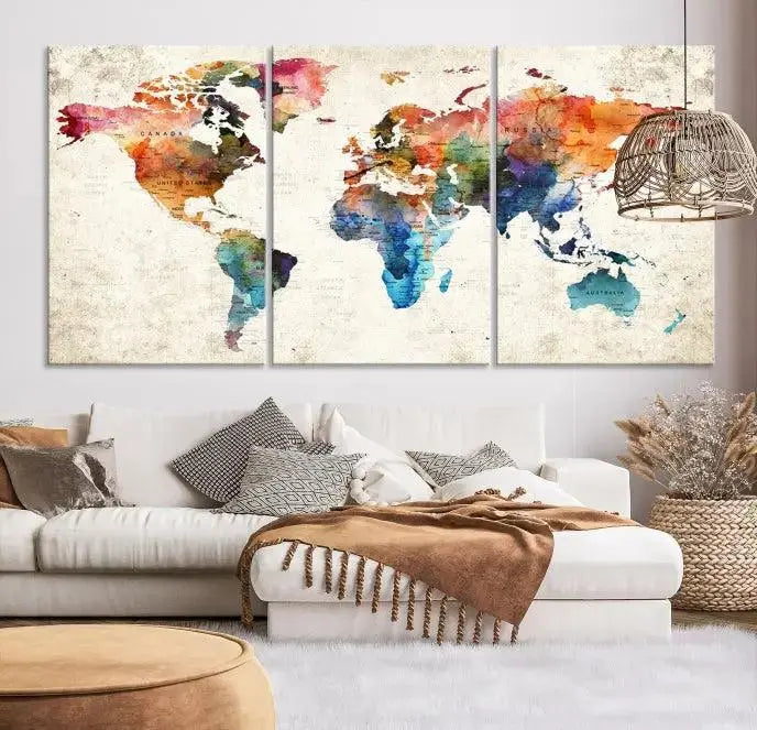 Vivid Colors Push Pin Watercolor World Map, World Map Wall Art