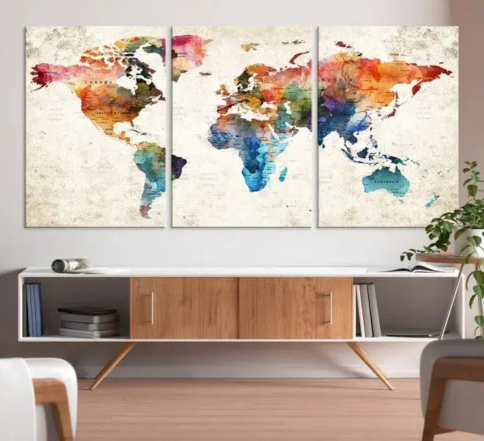 Vivid Colors Push Pin Watercolor World Map, World Map Wall Art