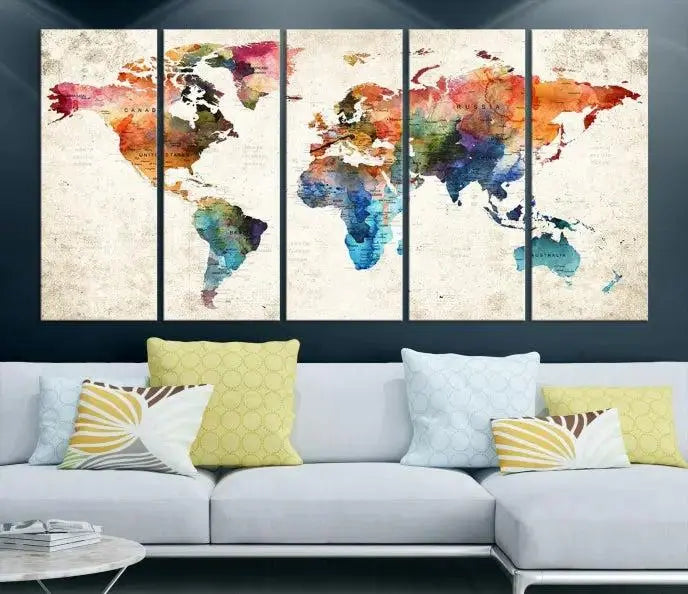 Vivid Colors Push Pin Watercolor World Map, World Map Wall Art