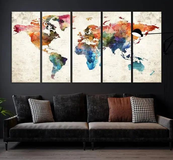 Vivid Colors Push Pin Watercolor World Map, World Map Wall Art