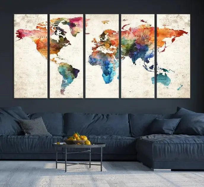 The Vivid Colors Push Pin Watercolor World Map, designed on museum-quality canvas with a flawless UV-protective coating, adorns the wall. This ready-to-hang piece adds a splash of color and elegance to any living space.