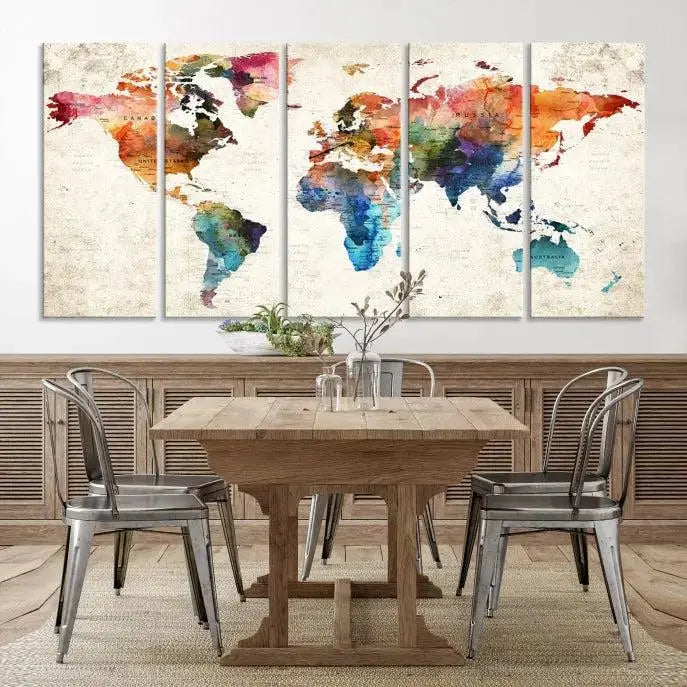 The Vivid Colors Push Pin Watercolor World Map, designed on museum-quality canvas with a flawless UV-protective coating, adorns the wall. This ready-to-hang piece adds a splash of color and elegance to any living space.