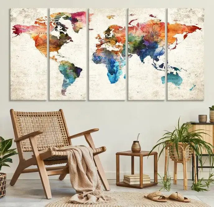 The Vivid Colors Push Pin Watercolor World Map, designed on museum-quality canvas with a flawless UV-protective coating, adorns the wall. This ready-to-hang piece adds a splash of color and elegance to any living space.