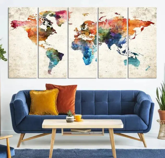 The Vivid Colors Push Pin Watercolor World Map, designed on museum-quality canvas with a flawless UV-protective coating, adorns the wall. This ready-to-hang piece adds a splash of color and elegance to any living space.